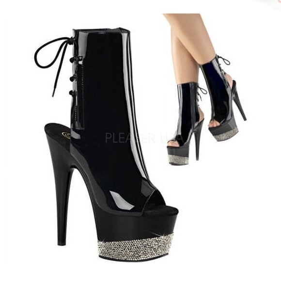 PLEASER ADORE-1016 BPU-M Platform Heels Open Toe Patent Rhinestone Ankle Boots 7 - Picture 6 of 7